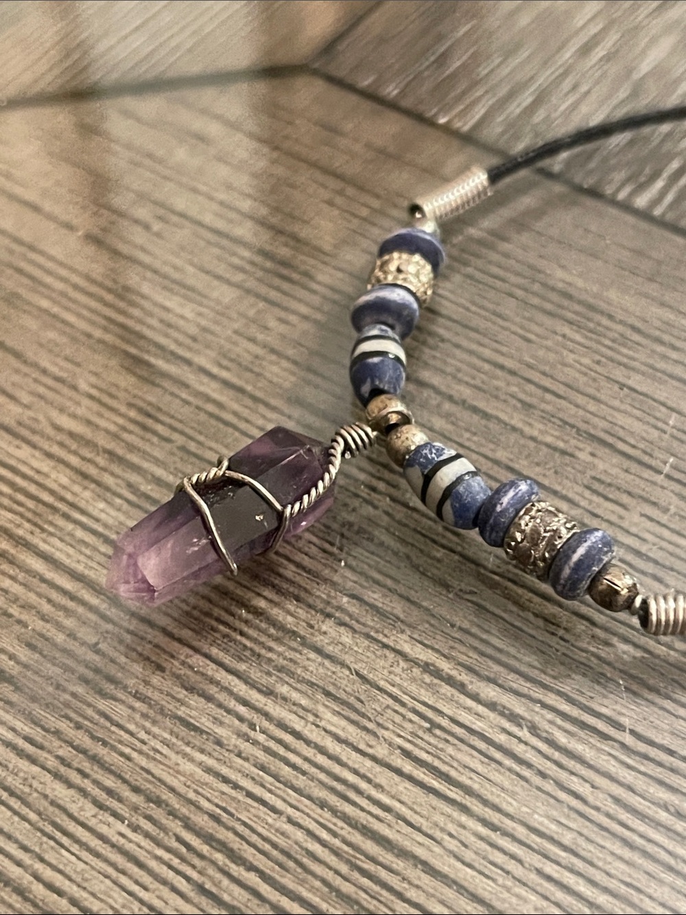 Vintage 1990’s Style Wire Wrapped Amethyst Crystal Black Cord Necklace - Picture 13 of 15